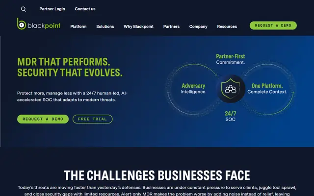 Blackpoint Cyber homepage, top of the page