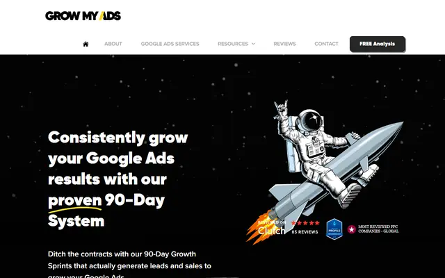 Grow My Ads homepage, top of the page