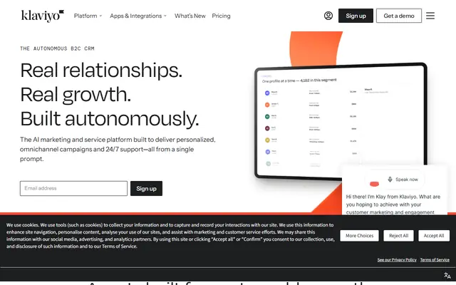 Klaviyo homepage, top of the page