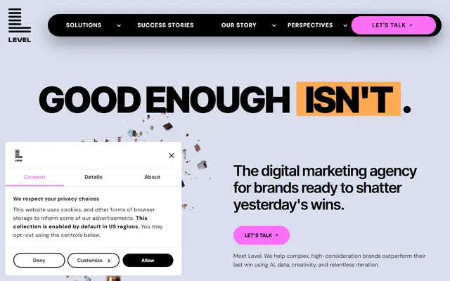 Level Agency homepage, top of the page