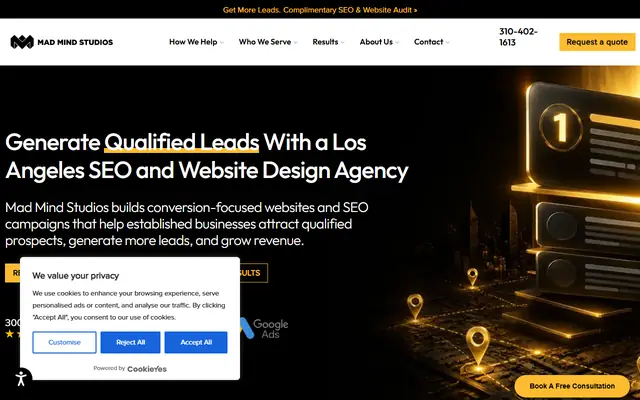 Mad Mind Studios homepage, top of the page