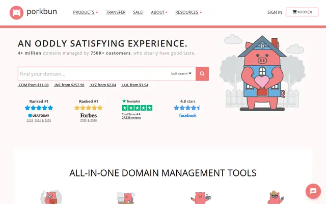 Porkbun homepage, top of the page