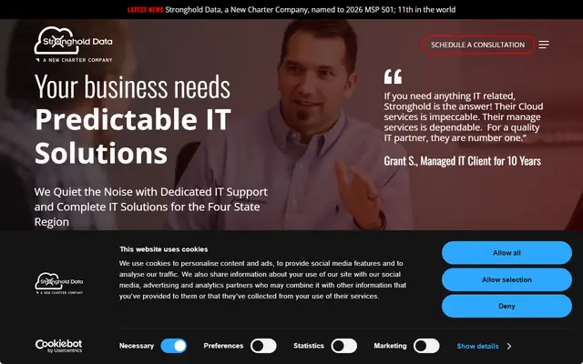 Stronghold Data homepage, top of the page