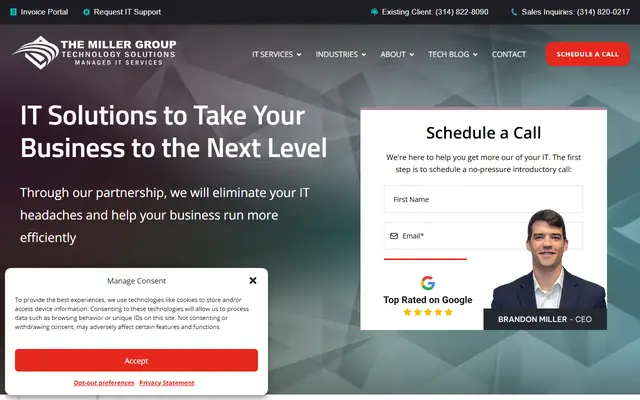 The Miller Group homepage, top of the page