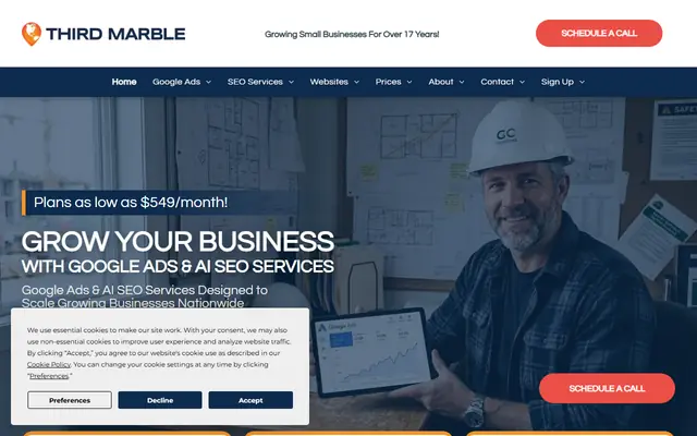 Third Marble Marketing homepage, top of the page