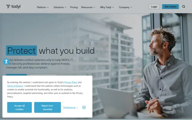 Todyl homepage, top of the page