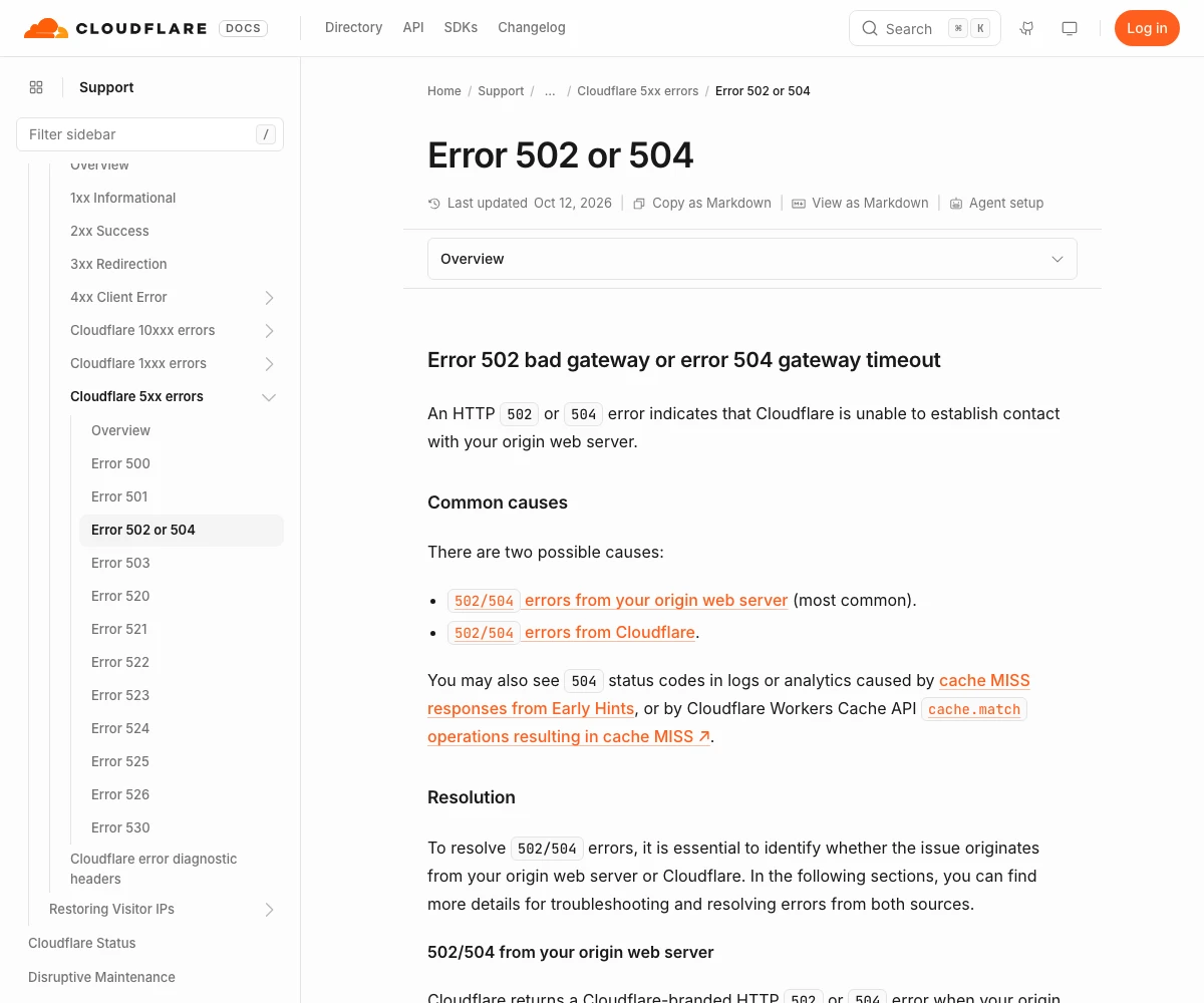 Cloudflare's Error 502 or 504 help page listing two possible causes, errors from your origin web server, marked most common, and errors from Cloudflare