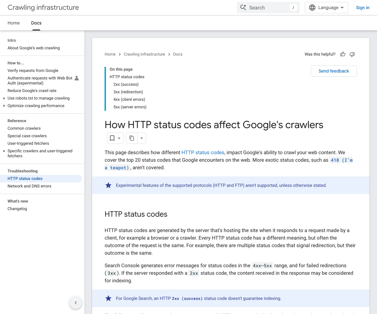 Google's page titled How HTTP status codes affect Google's crawlers, with sections for 2xx, 3xx, 4xx and 5xx server errors