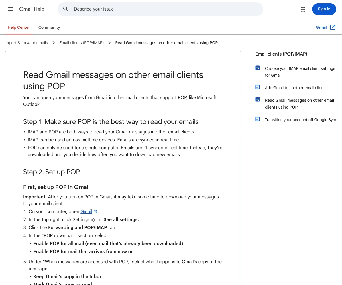 Gmail Help page titled Read Gmail messages on other email clients using POP, explaining that IMAP syncs across devices in real time and POP can only be used for a single computer