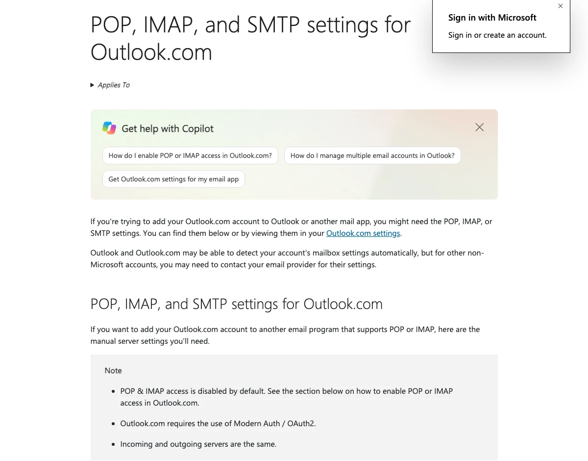 Microsoft Support page titled POP, IMAP, and SMTP settings for Outlook.com, with a note that POP and IMAP access is disabled by default and that Outlook.com requires Modern Auth or OAuth2