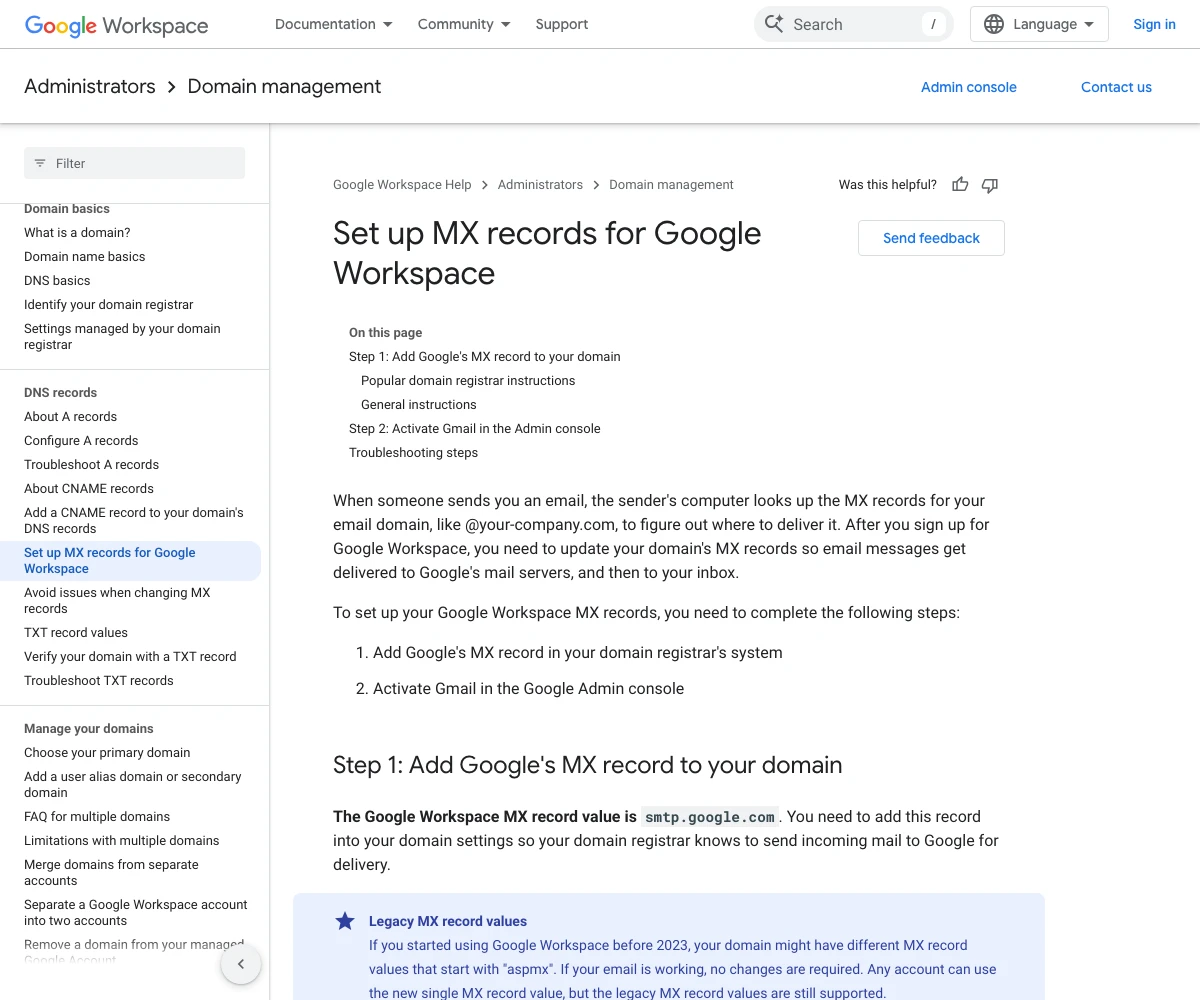 Google Workspace help page titled Set up MX records for Google Workspace, stating that the Google Workspace MX record value is smtp.google.com
