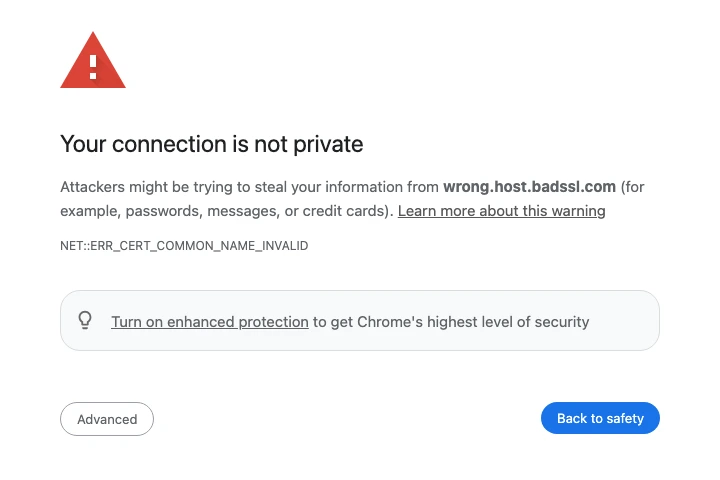 Chrome warning page reading Your connection is not private, with the error code NET::ERR_CERT_COMMON_NAME_INVALID under the message