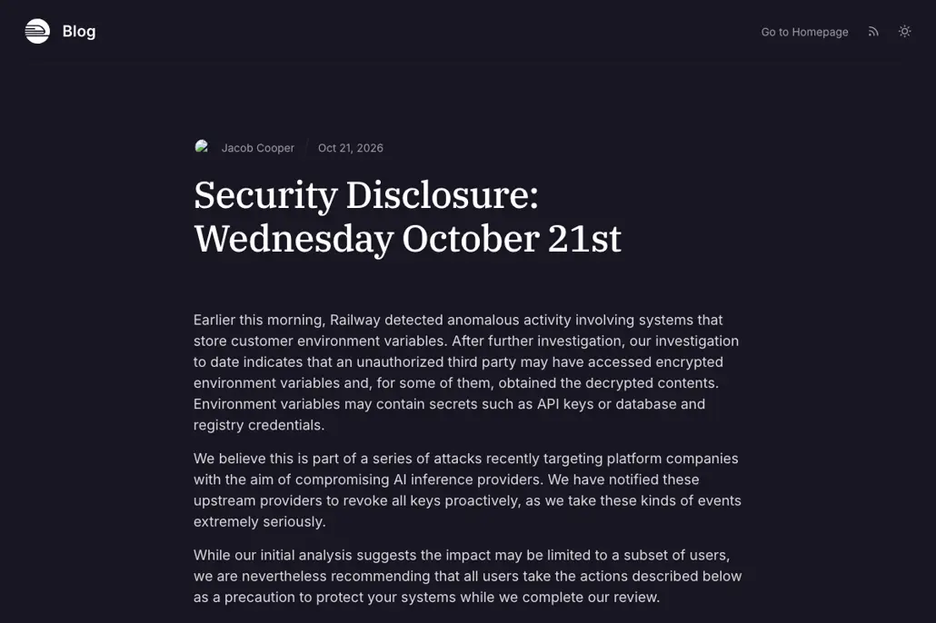 Railway Blog post titled Security Disclosure, Wednesday October 21st, by Jacob Cooper, dated Oct 21, 2026