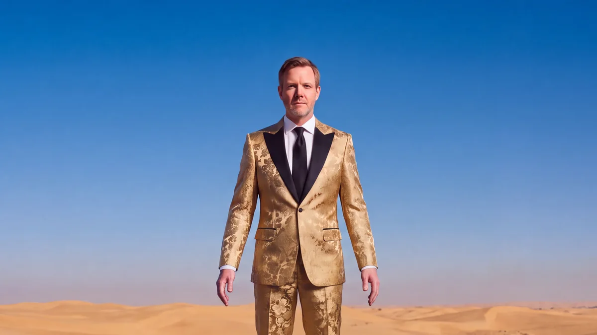 A man in a gold brocade suit standing on desert sand dunes under a deep blue sky