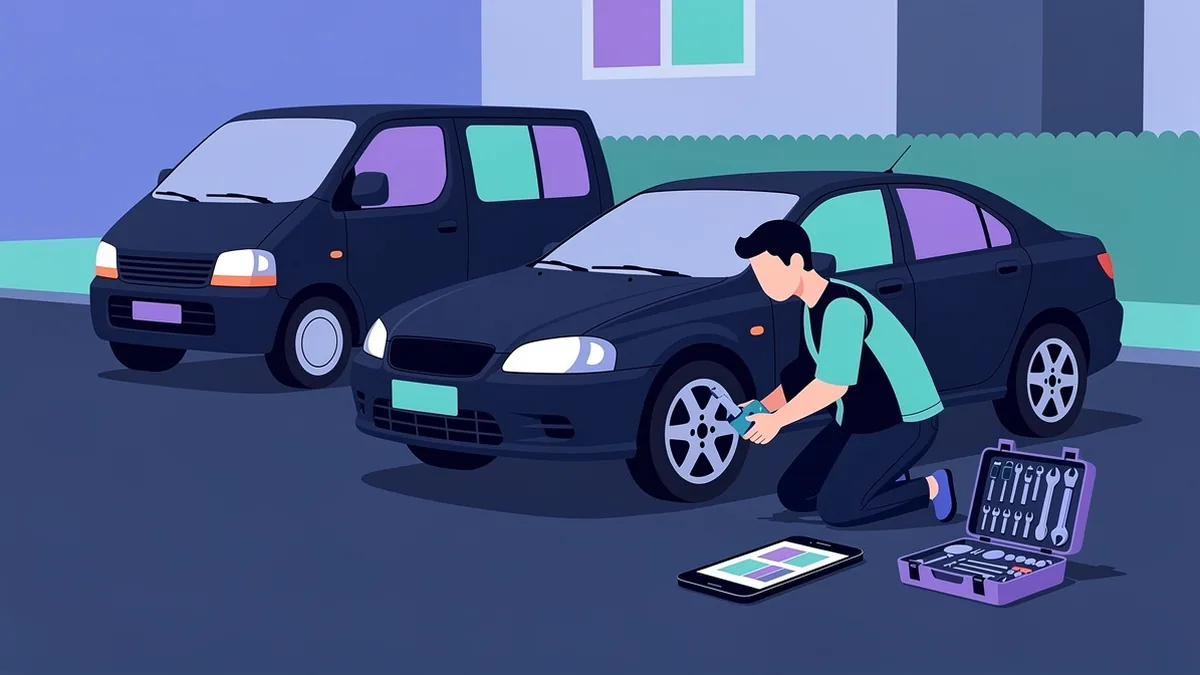 Illustration of a mobile mechanic working on a car in a driveway
