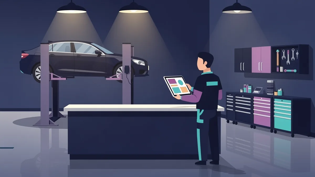 Illustration of a technician at an auto repair shop counter holding a tablet, with a car on a lift behind him