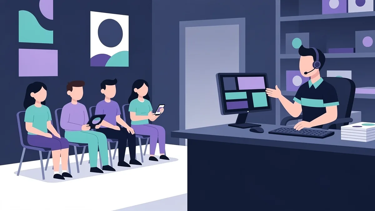 Illustration of an auto shop service advisor on a headset at the front desk