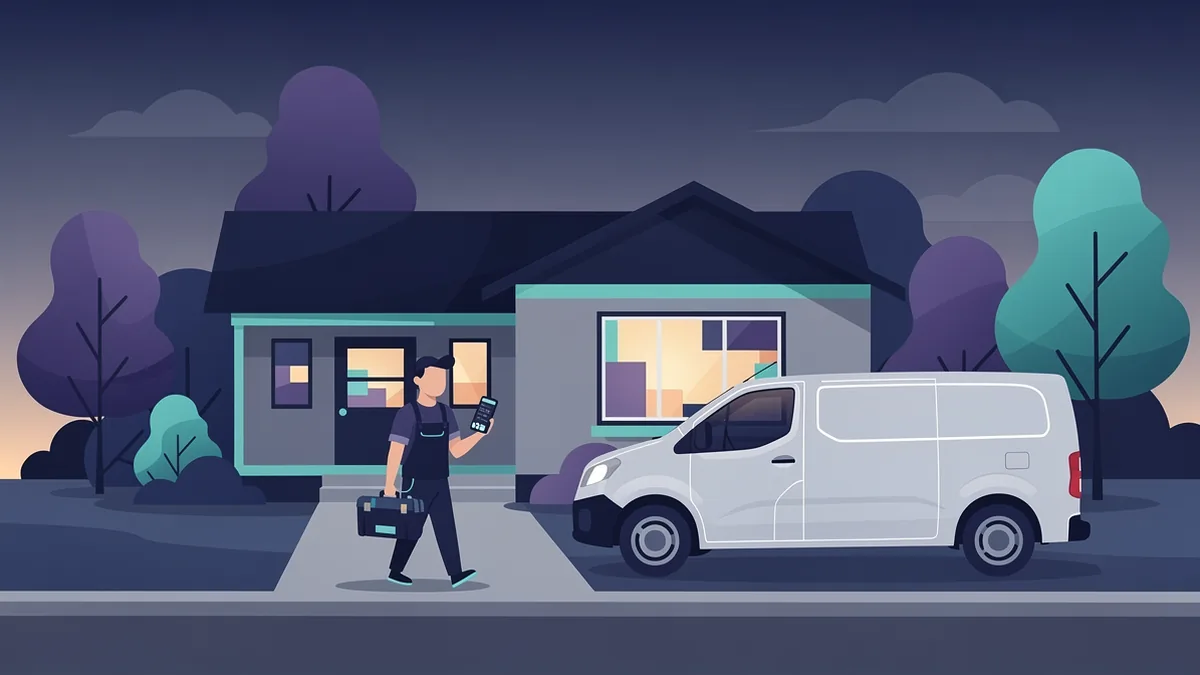 Illustration of a service van parked at a house while a technician walks to the door with a phone