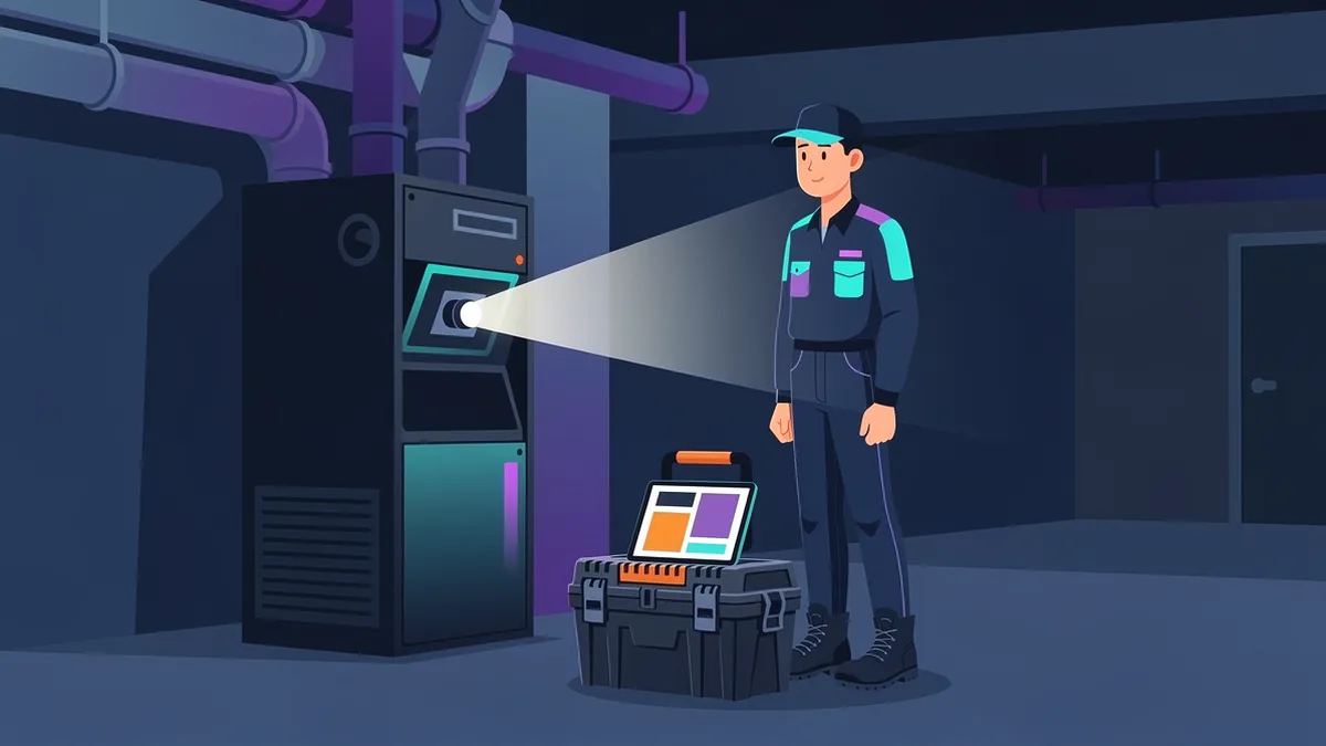 Illustration of an HVAC technician checking a furnace in a basement