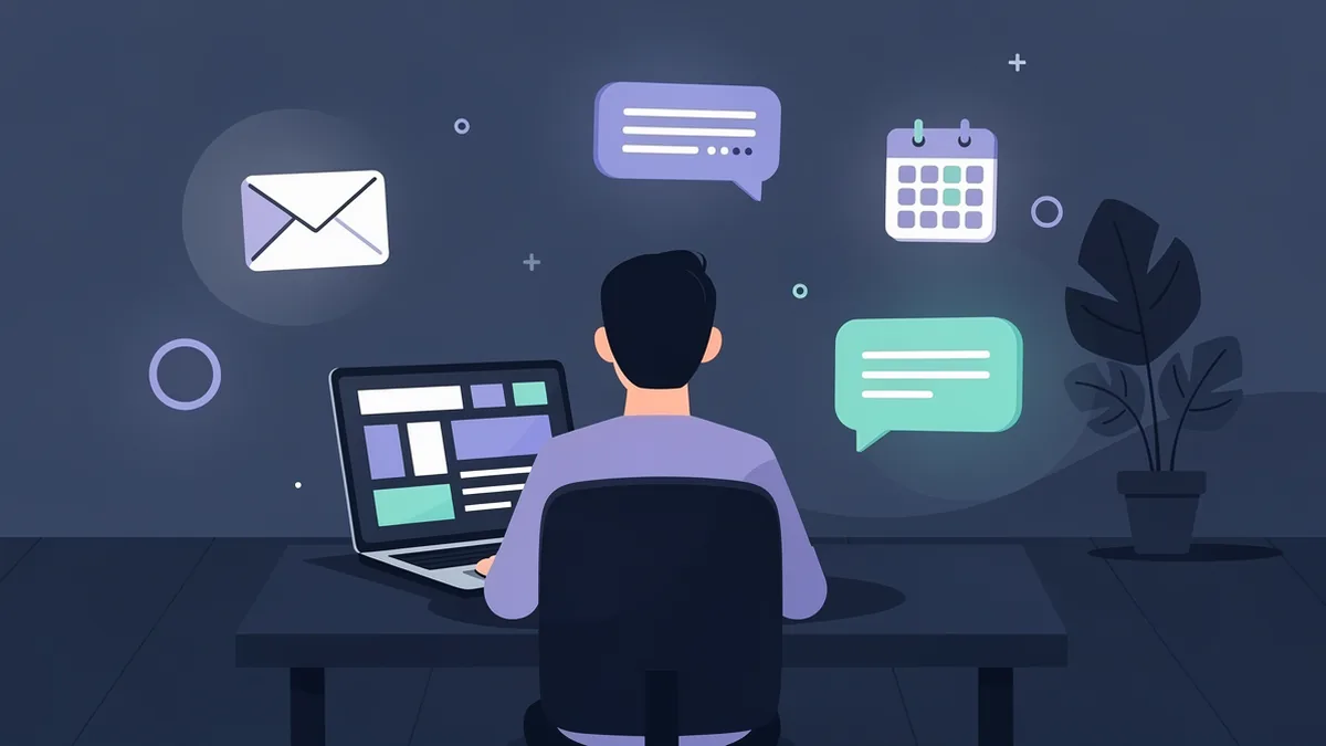 Illustration of a person at a laptop with floating email, chat and calendar icons