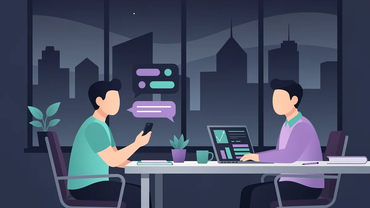Illustration of two marketers at a shared desk with a phone and a laptop