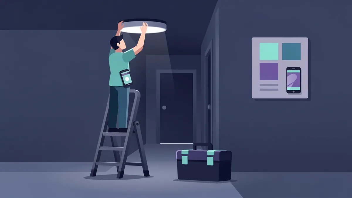 Illustration of an electrician on a ladder fixing a ceiling light