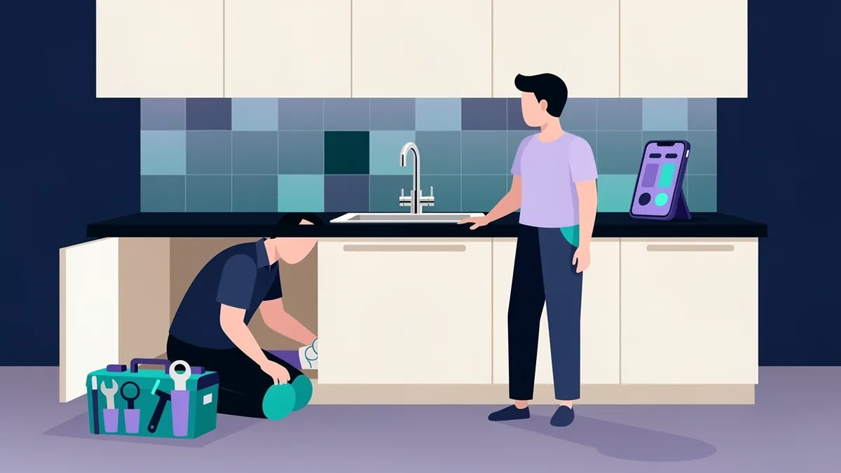 Illustration of a plumber working under a kitchen sink while a homeowner watches