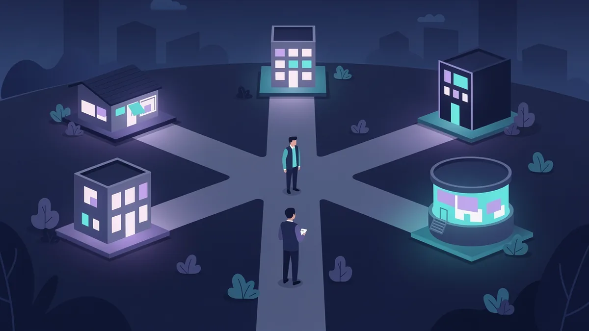Illustration of a business owner at a crossroads of paths leading to different buildings