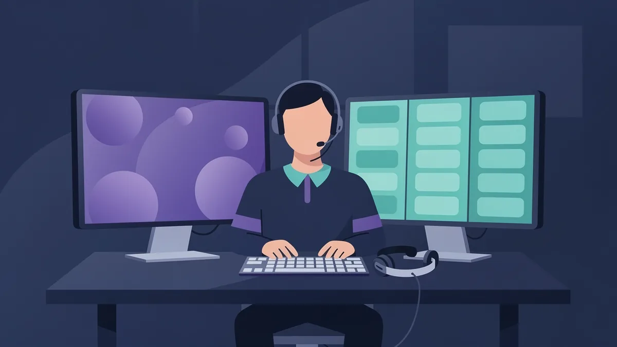 Illustration of a salesperson at a desk with two monitors showing simple shapes