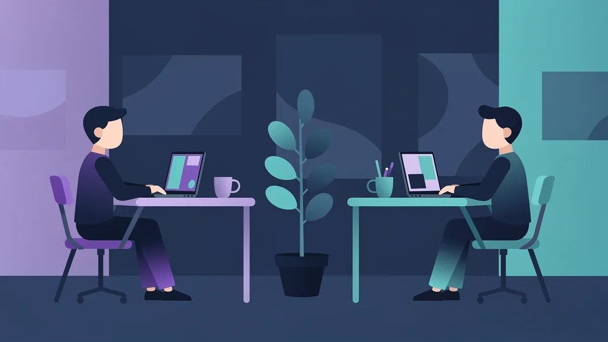 Illustration of two people at facing office desks, each working on a laptop