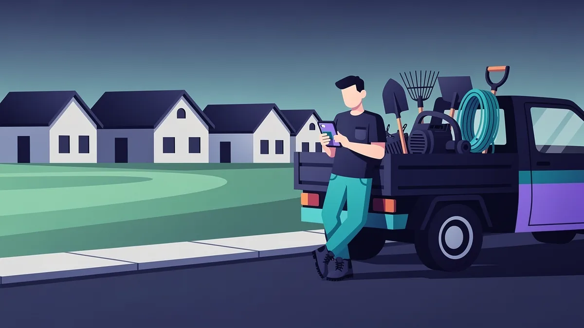 Illustration of a landscaper leaning on a truck and looking at a phone