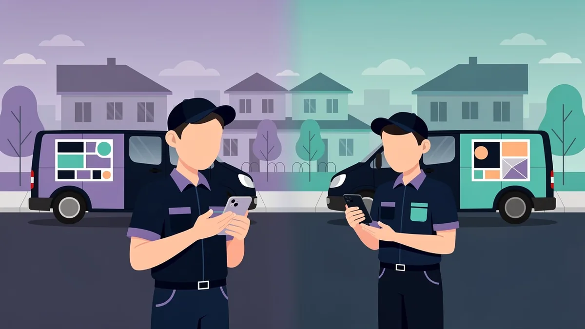 Illustration of two technicians beside two service vans, each checking a phone