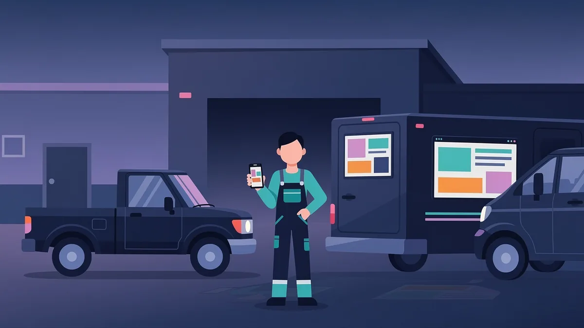 Illustration of a small truck and a large van parked side by side outside a workshop