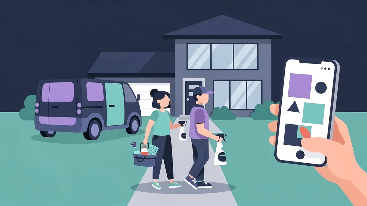 Illustration of two home service workers walking from a van toward a house