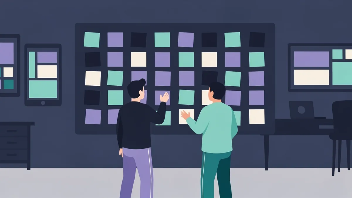 Illustration of two coworkers at a wall board of blank colored sticky notes