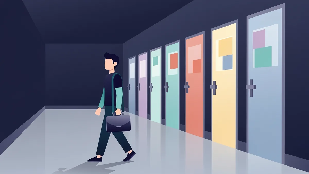 Illustration of a salesperson walking past a row of colorful doors