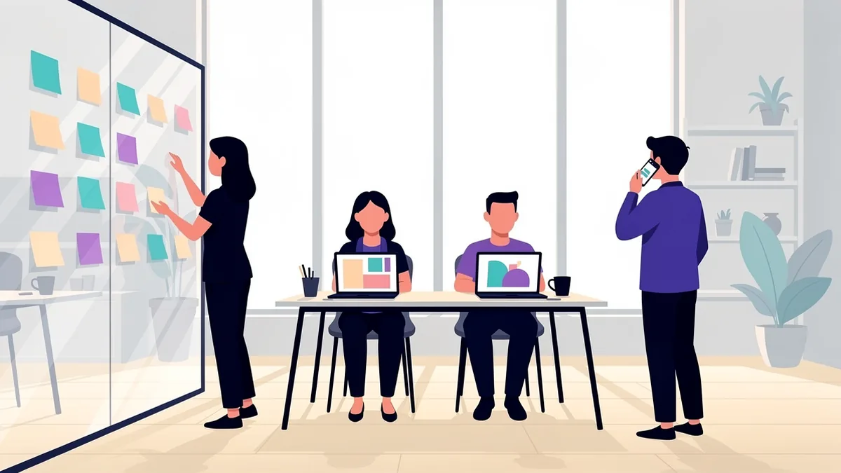 Illustration of a small team working in a bright open office