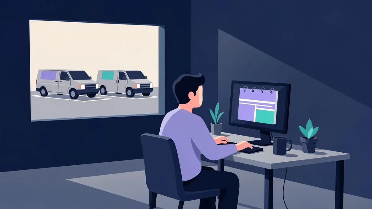Illustration of an office manager scheduling at a desk with service vans outside