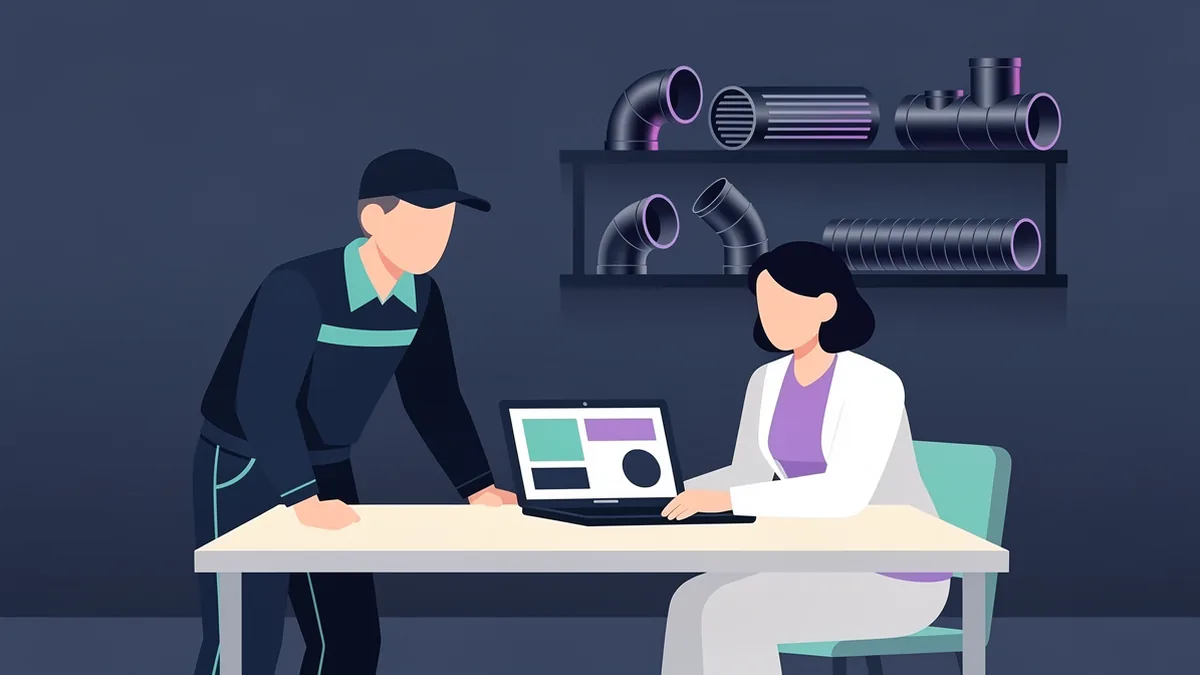 Illustration of a technician and an office manager looking at a laptop together