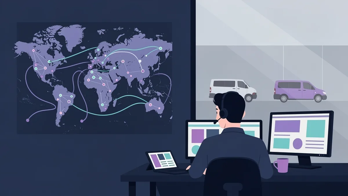 Illustration of a dispatcher at a desk in front of a wall map with route lines