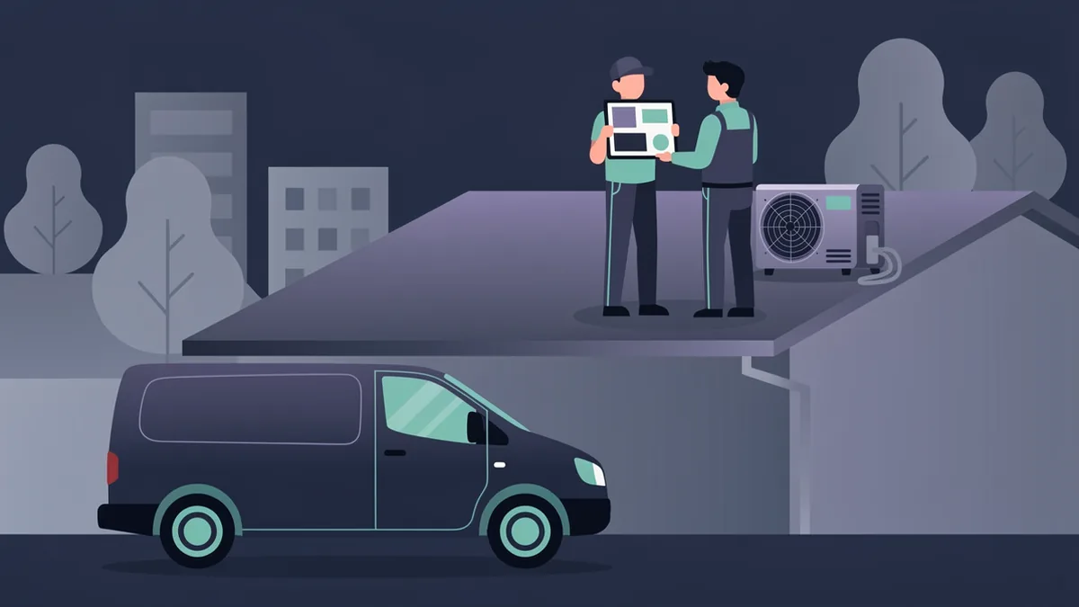 Illustration of an HVAC technician beside a rooftop unit holding a tablet