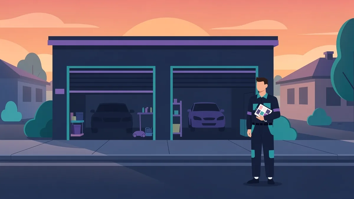 Illustration of a mechanic opening a small two bay garage at sunrise