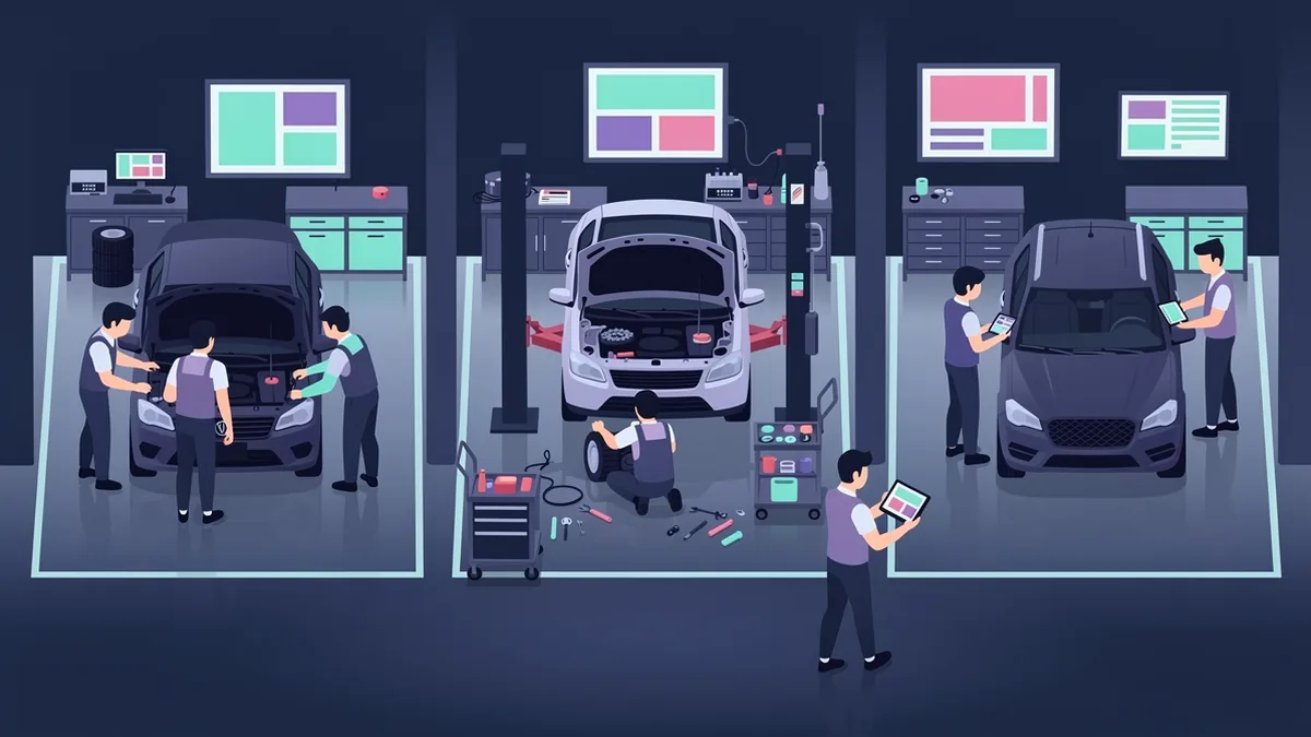 Illustration of a busy three bay auto repair shop seen from above