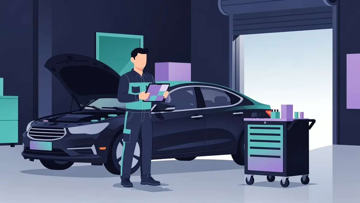 Illustration of a technician under the hood of a car holding a tablet