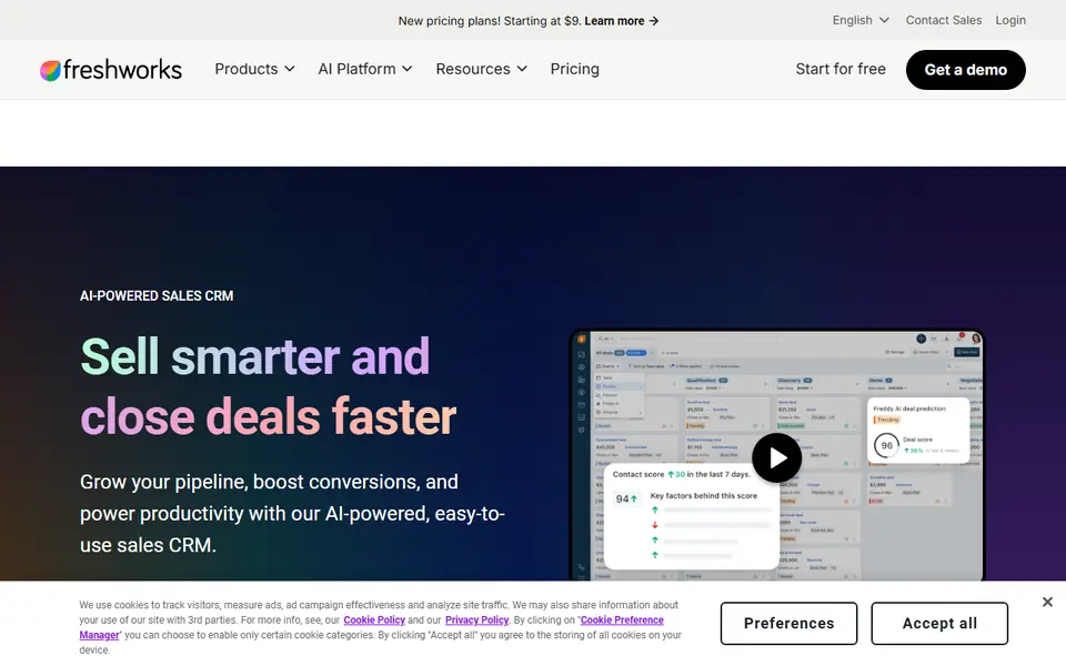 Freshsales homepage on a desktop screen