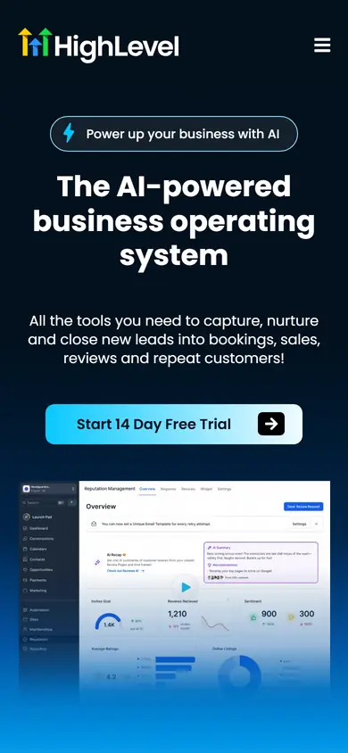 HighLevel homepage on a phone screen