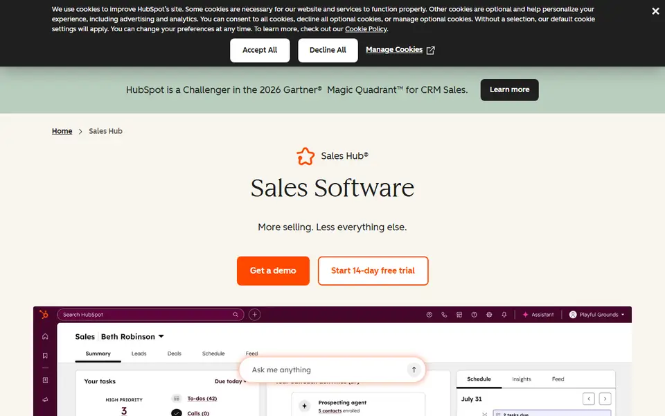 HubSpot Sales Hub homepage on a desktop screen