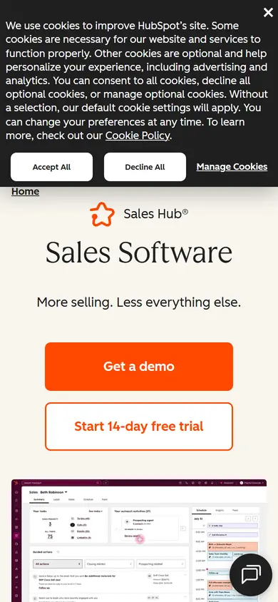 HubSpot Sales Hub homepage on a phone screen