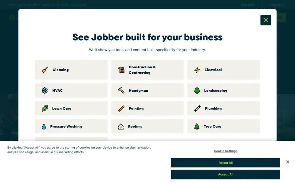 Jobber homepage on a desktop screen