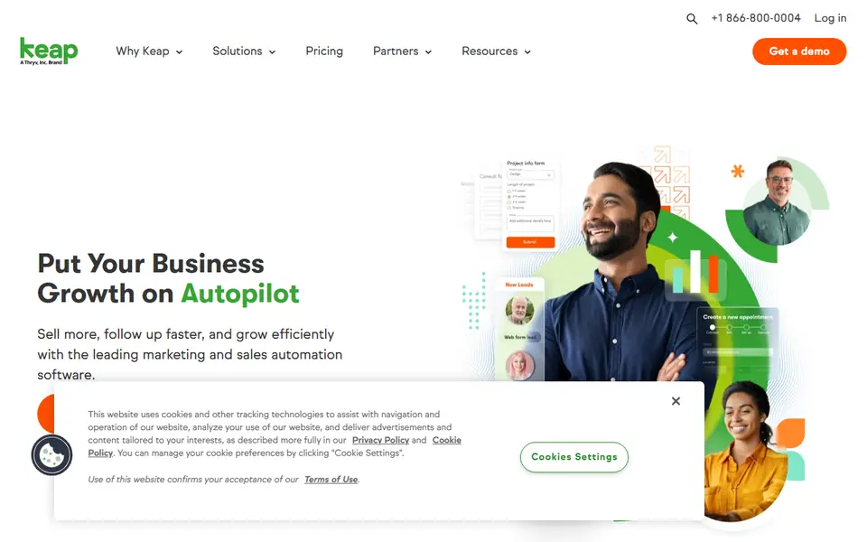 Keap homepage on a desktop screen